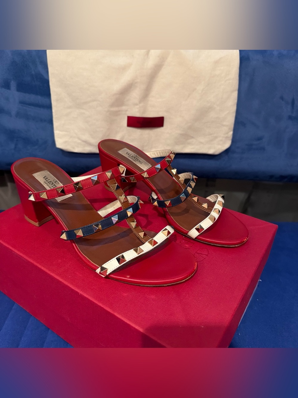 Valentino Red Multi-Stud Three-Strap Block Heel Mule